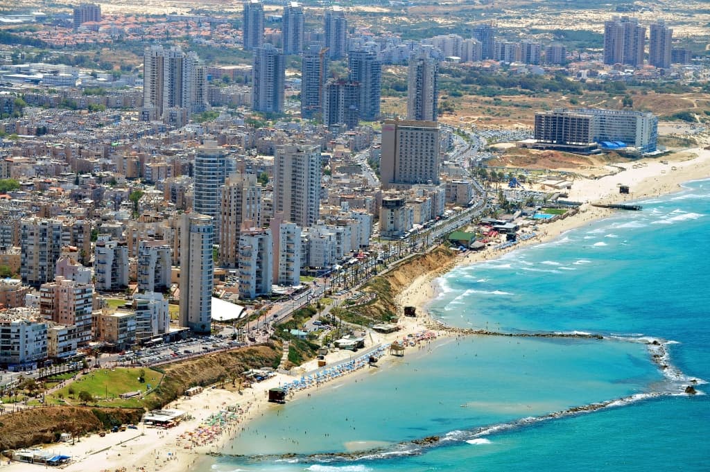 Aerial view of Israel coastal city and Mediterranean Sea